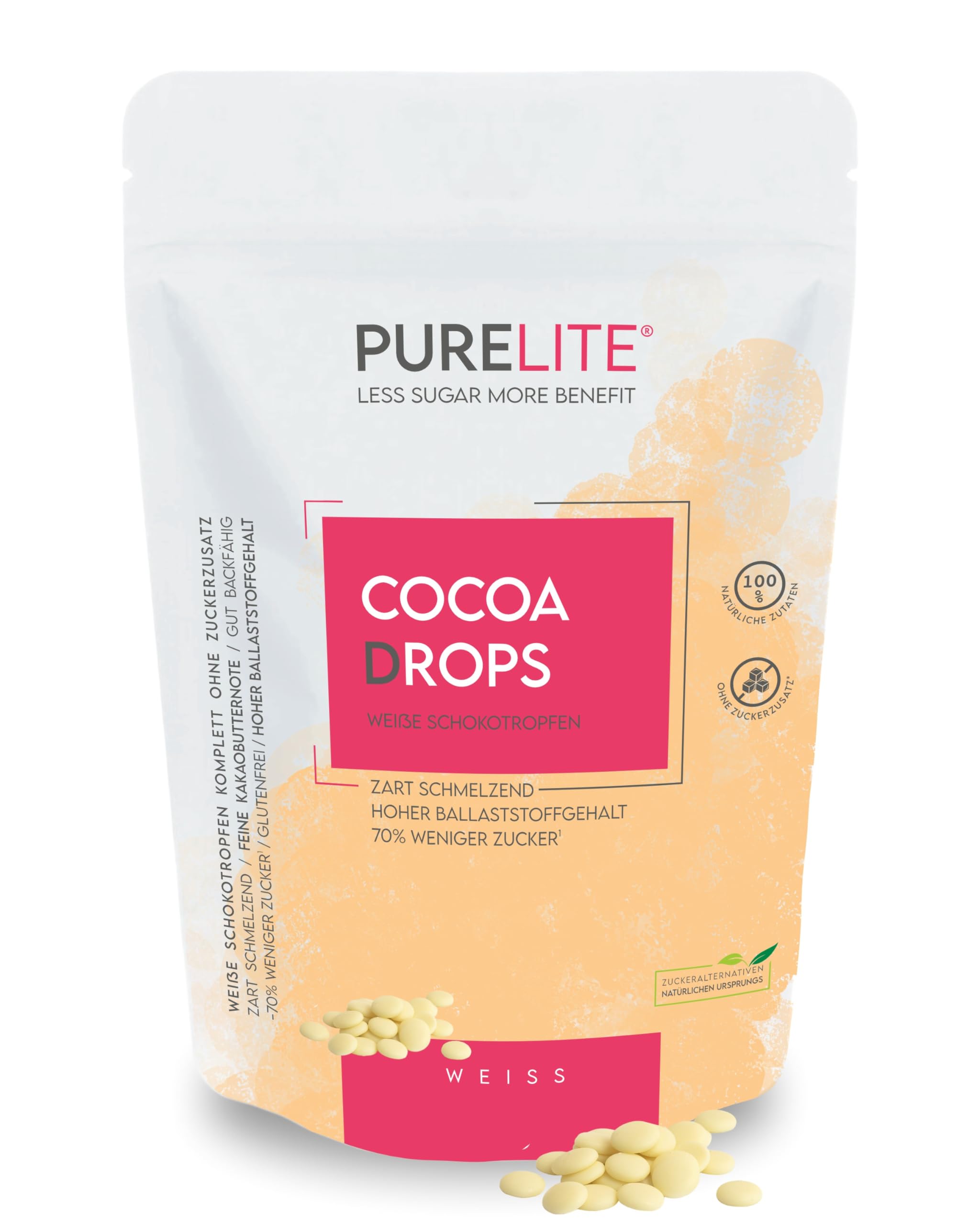 PURELITE Cocoa Drops blanc 450g, gouttes de chocolat blanc sans sucre ajouté avec érythritol & stévia sans arrière-goût, 70% à teneur réduite en sucre, conscient des calories