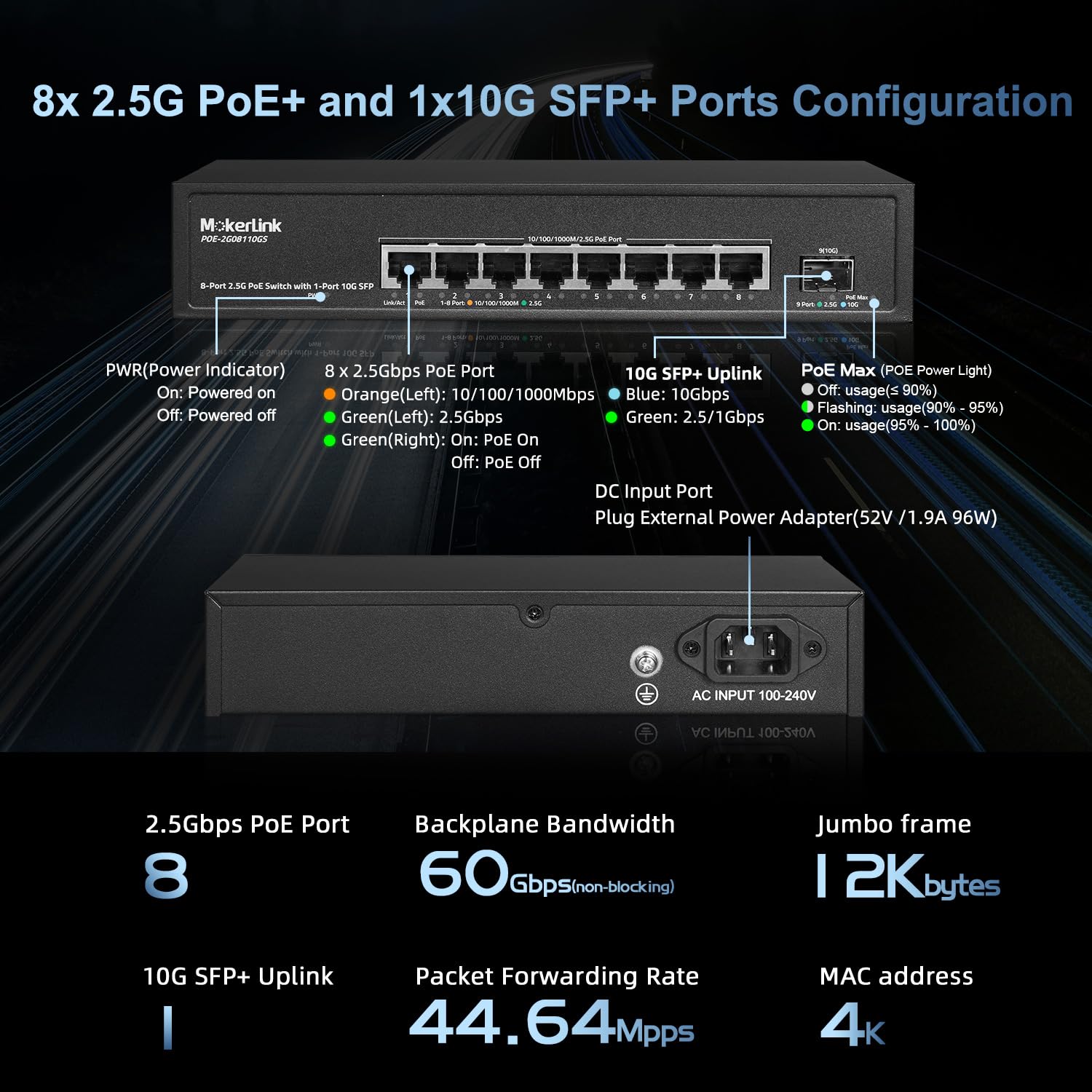 MokerLink 8 Port 2.5 Gigabit PoE Switch con 10G SFP, 8 x 2.5G Ethernet Ports, 8 Port PoE IEEE802.3af/at, 120W, Compatible con 10/100/1000Mbps, No Administrado Fanless Wall Mountable Network Switch