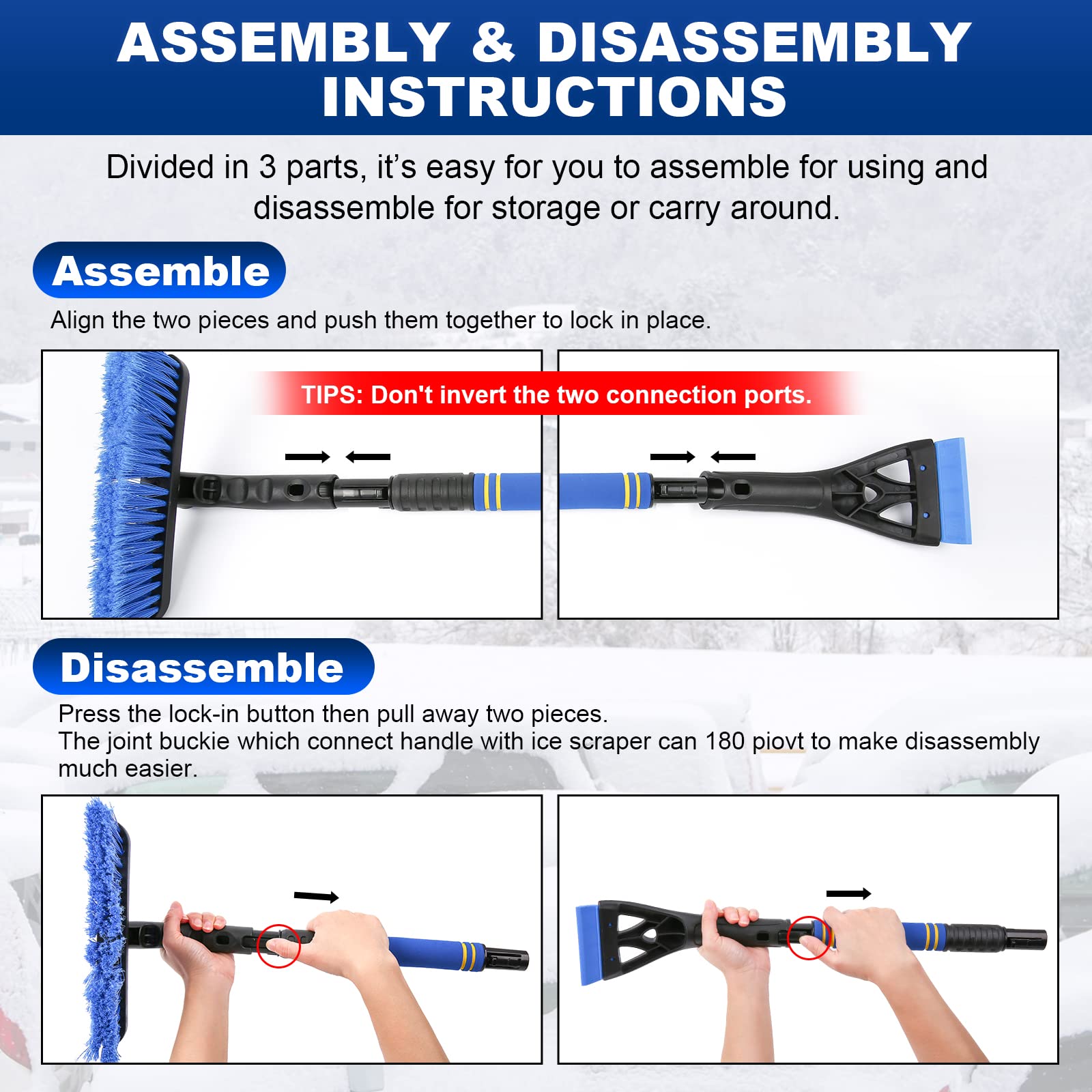 2 raschietti per ghiaccio per parabrezza auto, raschietto per neve 2 in 1 e spazzola da neve per auto, SUV, camion, raschietto per ghiaccio e neve, con spazzola girevole a 360° e impugnatura