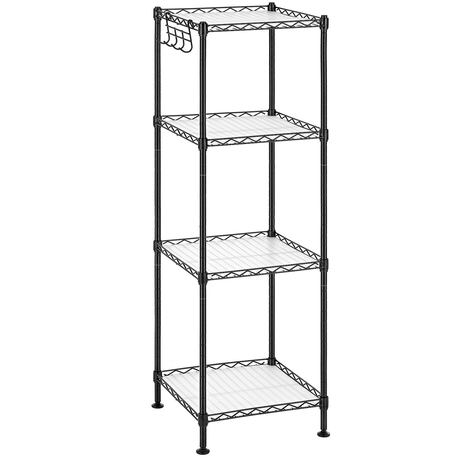 SONGMICS Bathroom Shelf, Metal Storage Rack, Total Load Capacity 80 kg, with 4 PP Sheets, Removable Hooks, 30 x 30 x 102 cm, Expandable Design, for Small Space, Black and Translucent LGR104B01