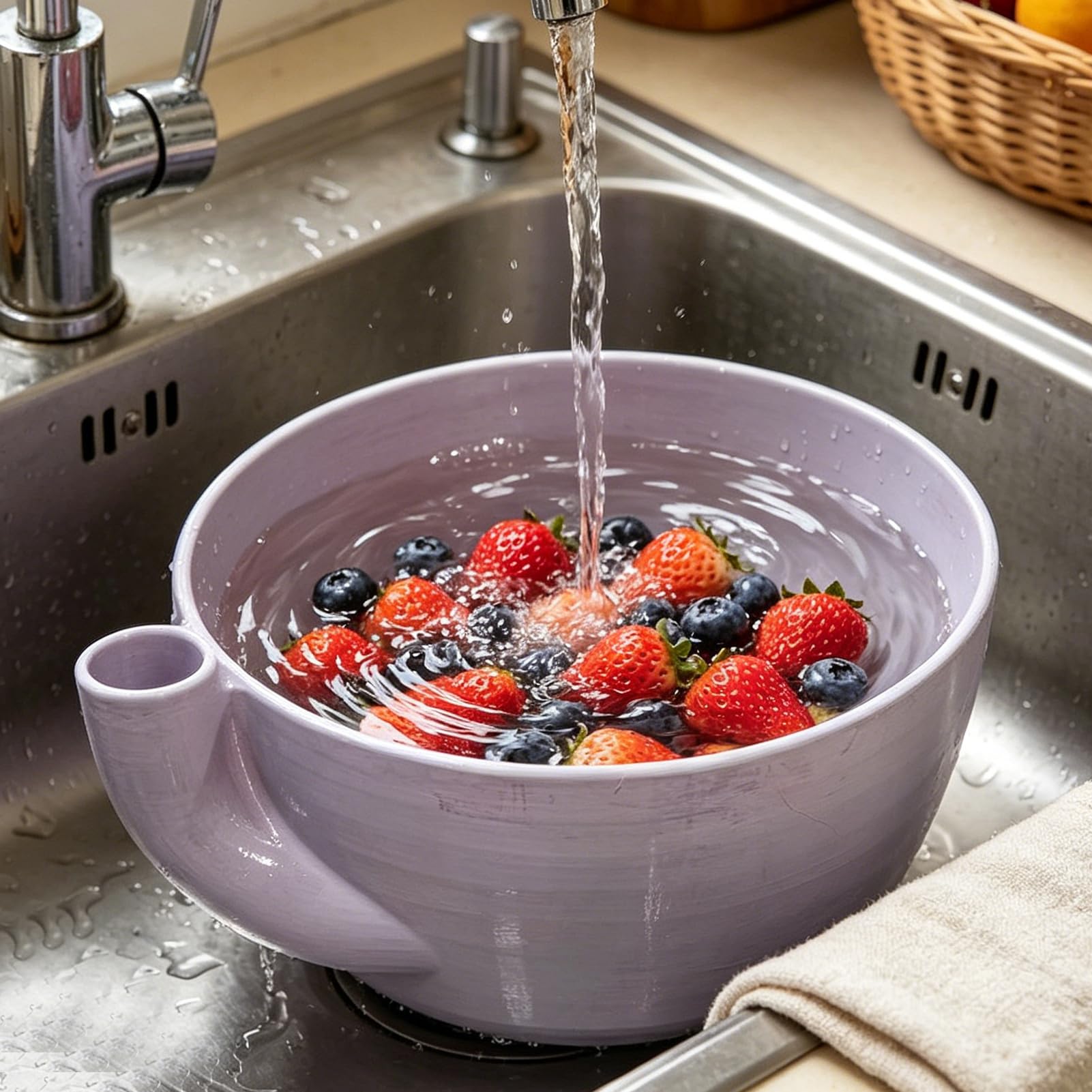 Quoravel Self Spinning Berry Washer, Vortex Salad Spinner Bowl for Strawberries Blueberries, Quick Drain Fruit & Vegetable Washing Colander Purple