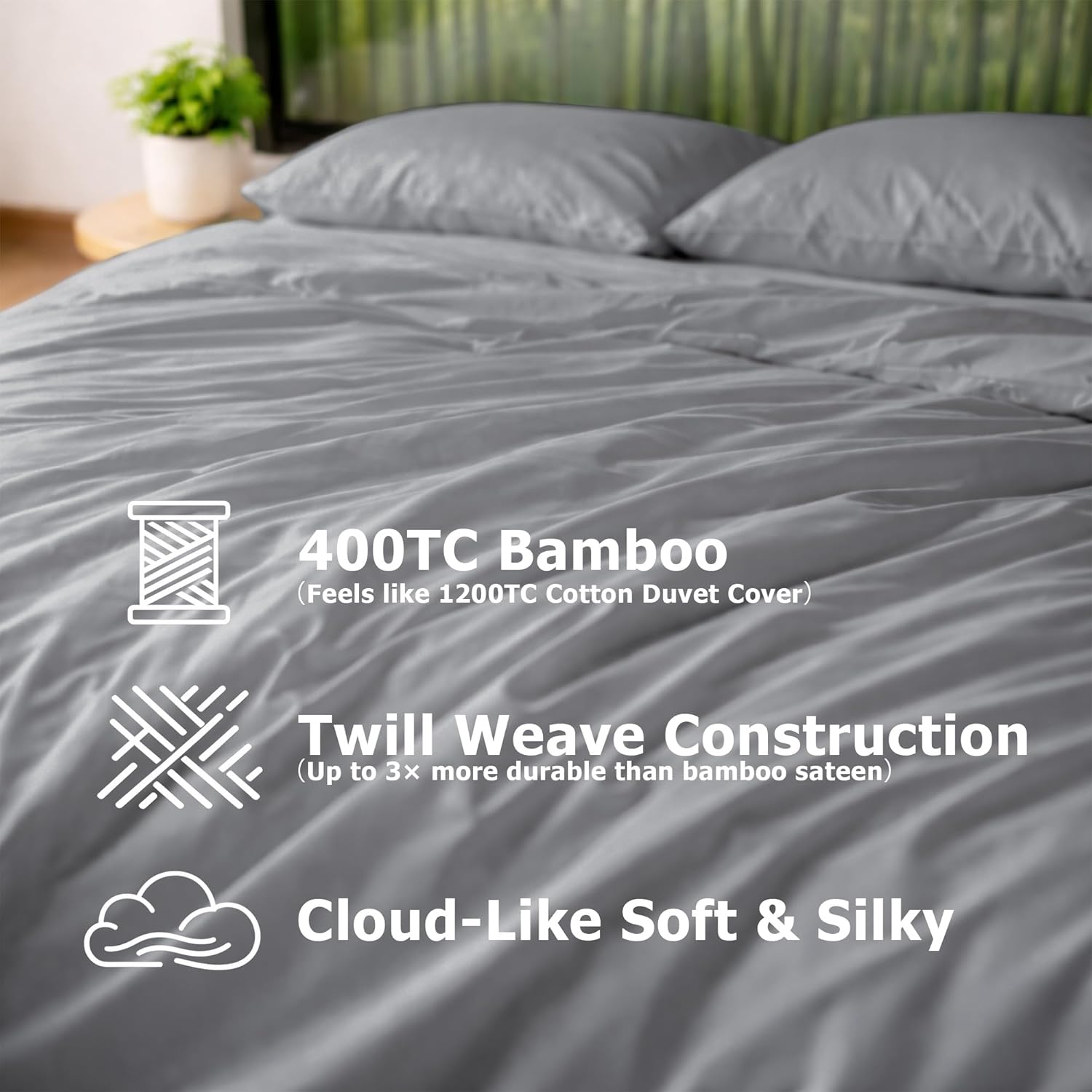 Cooling Queen Duvet Cover Set, 3-Piece - 100% Organic Bamboo Viscose - Silky Soft & Breathable Comforter Cover for Hot Sleepers & Sensitive Skin (Gray, 90"x90") - Image 2