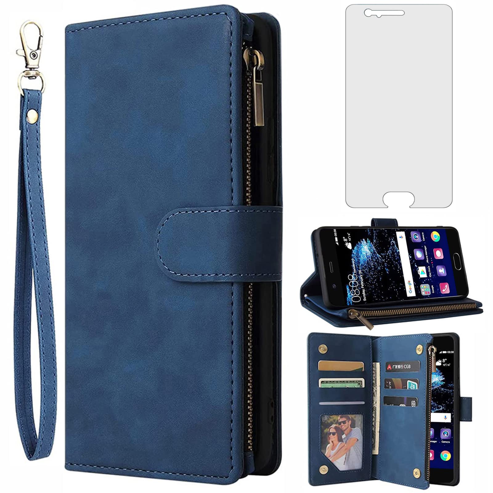 Custodia Asuwish Per Huawei P10 A Portafoglio Con Pellicola Vetro E Catena - Blu