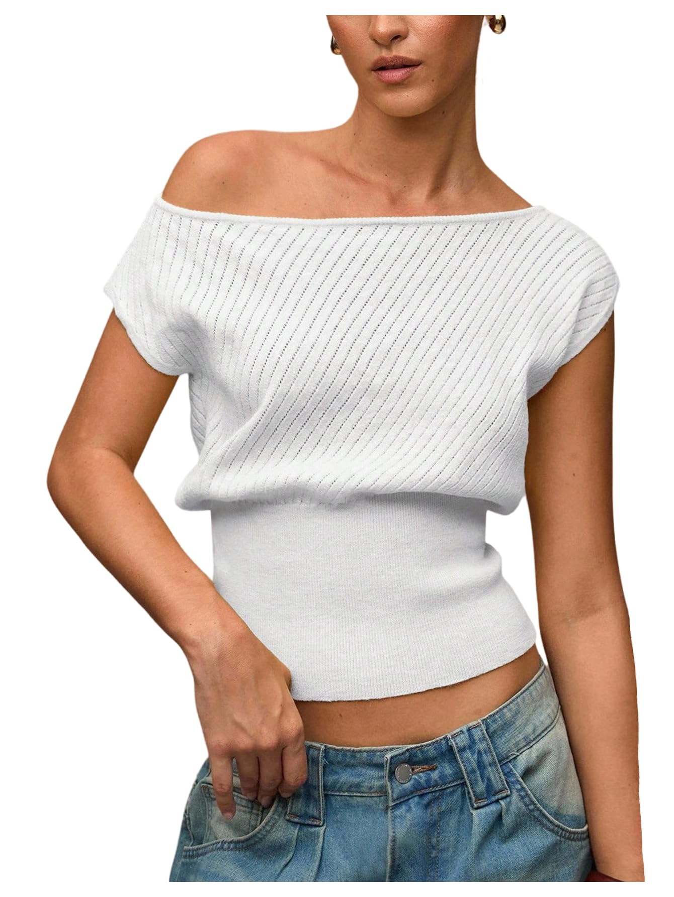 Verdusa Womens Going Out Tops Off The Shoulder Lightweight Sweater Cap Sleeve Cinched Waist Crop Top White Medium