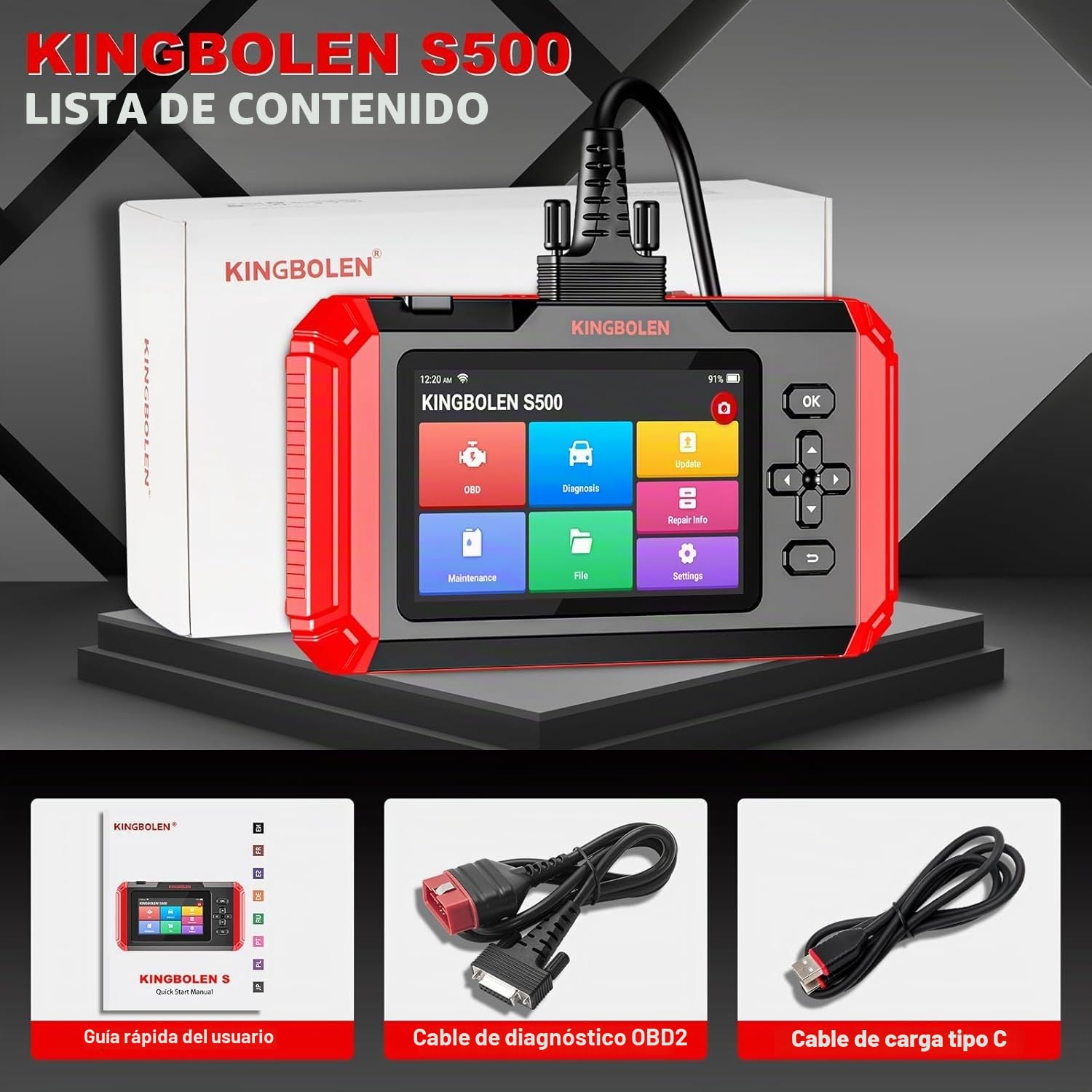 KINGBOLEN S500 OBD2 Lector de Código, Herramienta de diagnóstico OBD II para Motor/ABS/SRS/Caja de Cambios de 4 Sistemas con reinicio de Aceite/inyección/EPB/SAS/ETS/ABS, Vin automático