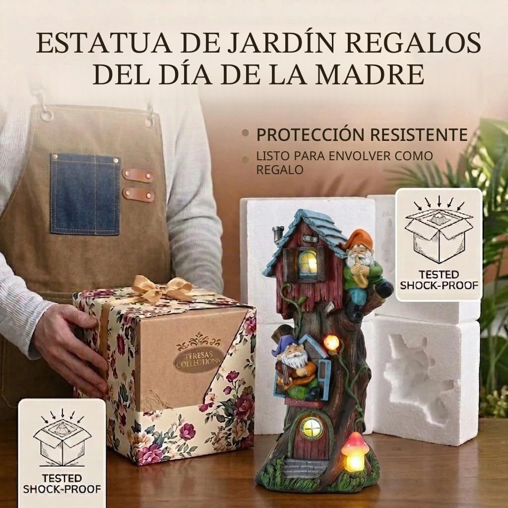 TERESA'S COLLECTIONS Adorno Jardín Exterior，Estatua de Gnomos en Árbol con Luces Solares，Figura de Resina Impermeable para Patio, Balcón y Decoración de Hogar, Regalo para Mamá, 28 cm