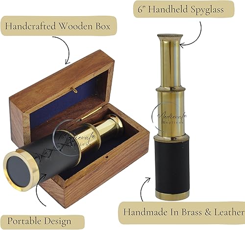 Vista 3 de 6" inch Handheld Brass Telescope with Wooden Box - Pirate Navigation. 6" Negro,31.9 in Antiguo