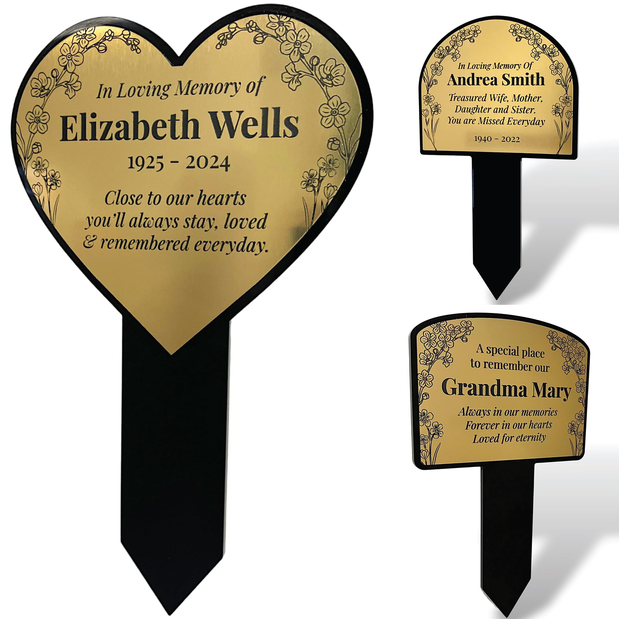 Outdoor Personalised Garden Memorial Stake Plaque - Forget-me-not flower design - Send us your text and we will design for you! (Medium Heart Gold)