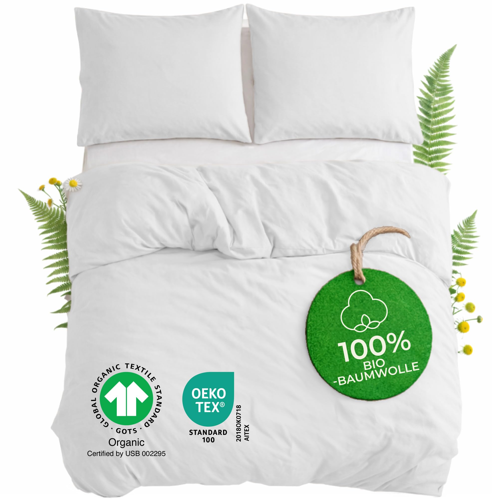 Dreamzie Bettwäsche 155x220 100% Baumwolle 3-teilig mit 2 Kissenbezüge 80x80 cm - Bio-Baumwolle Percale 180 TC - Atmungsaktiv & Weich, Oeko-Tex & GOTS Zertifiziert, Weiß