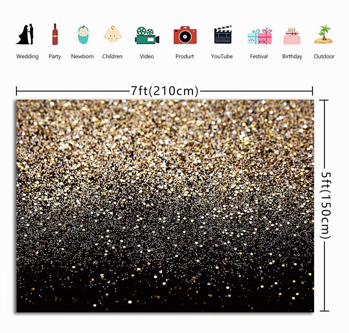 Ruini - Fondale in poliestere nero e oro glitterato con paillettes, con cielo stellato e scintillante, sfondo astratto, per feste, matrimoni, bambini e neonati