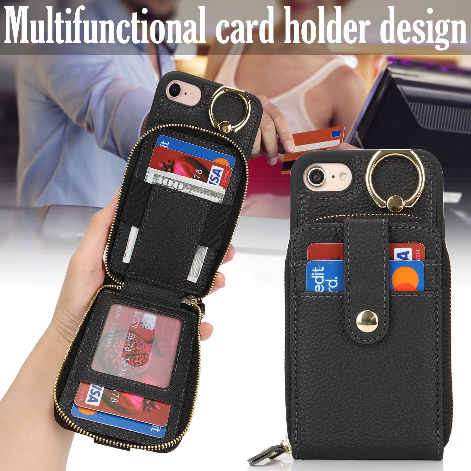 SailorTech Custodia per telefono per iPhone 7/8/SE2/SE3 Supporto ad anello con cerniera per carta di credito, iPhone SE 2020/SE 2022 Custodia in pelle Portafoglio con portacarte per donne-Nero