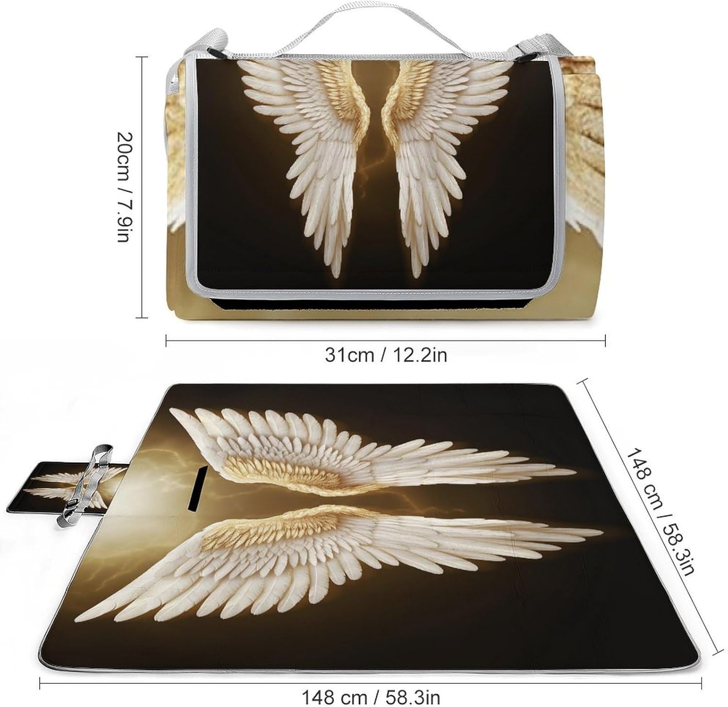 Angel Wing Waterproof Picnic Blanket 58.3''x58.3'',Portable and Foldable Picnic Mat with Handle,Outdoor Blankets for Lawn Park Beach Travel
