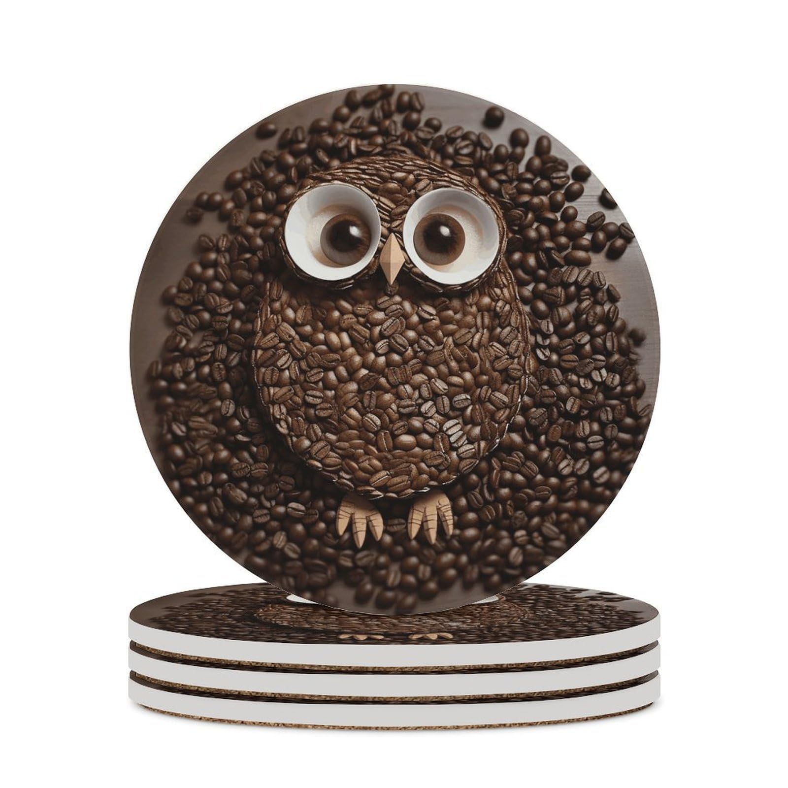 Coffee Bean Owl Coaster with Cork Base Drink Coasters for Coffee Table Decor Modern Cup Coasters with Non-Slip & Heat-Resistant Cute Ceramic Table Coaster for Home Dining