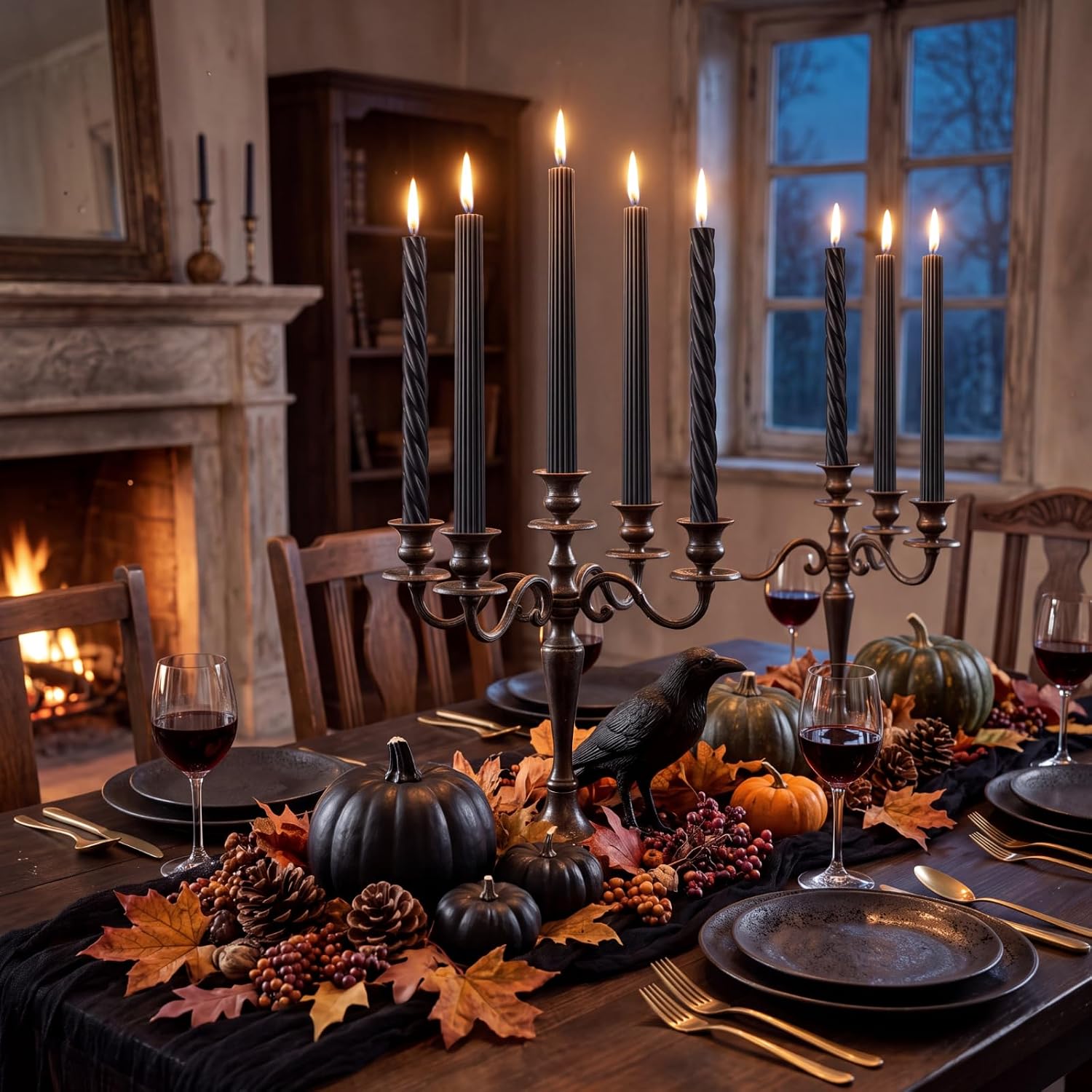 MTLEE 6 Pack Black Halloween Taper Candles, 10 in Unscented Candlestick Set