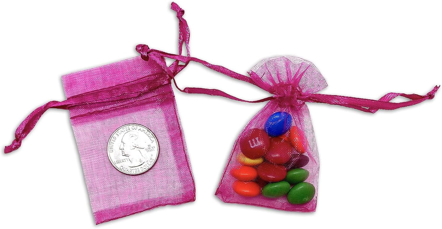 TheDisplayGuys 100-Pack XS 2 x 2 3/4" Hot Pink Sheer Organza Gift Bags with Drawstring - Image 4