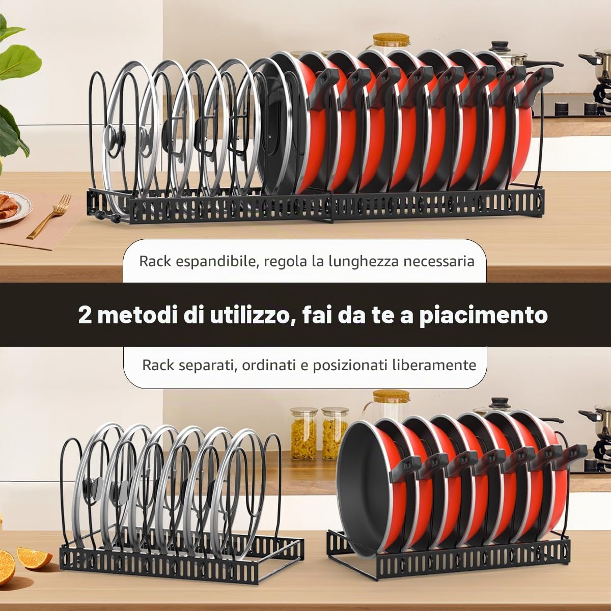 Housolution Porta Pentole e Padelle da Cassettone, Espandibile Porta Coperchi Pentole con 14 Scomparti Regolabili, Organizer Coperchi Pentole e Padelle per Cucina, Nero