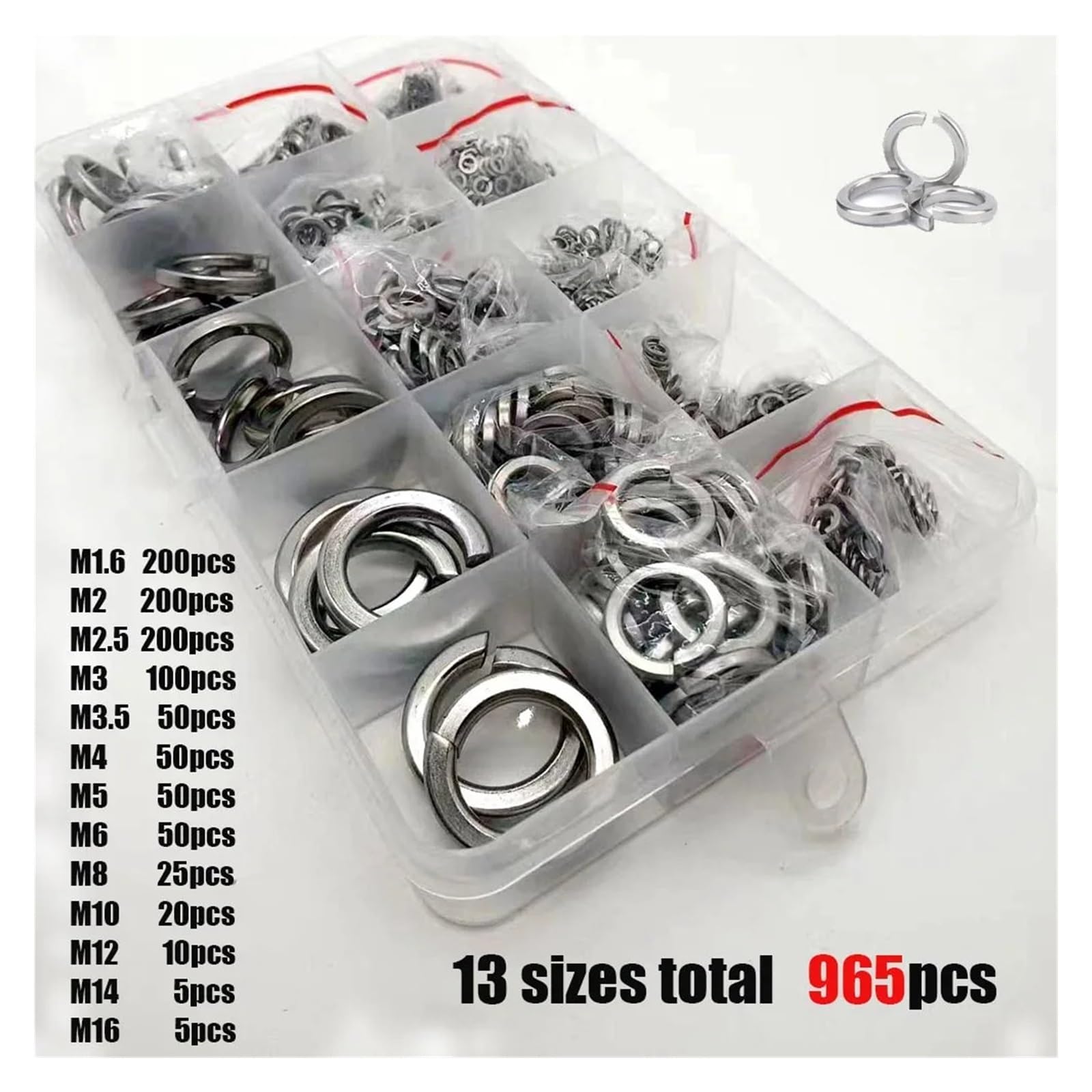 590/930 pz/set M1.6 M2 M2.5 M3 M4 M5 a M16 304 acciaio inossidabile molla divisa rondella di sicurezza assortimento kit guarnizione elastica scatola set(965pcs per set)