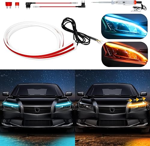 Miniatura 9 de DUOFU365 DRL - Tira de luz LED para automóvil, 2 tiras de señal de giro secuencial de doble color de 24 pulgadas (ámbaramarillo y blanco)