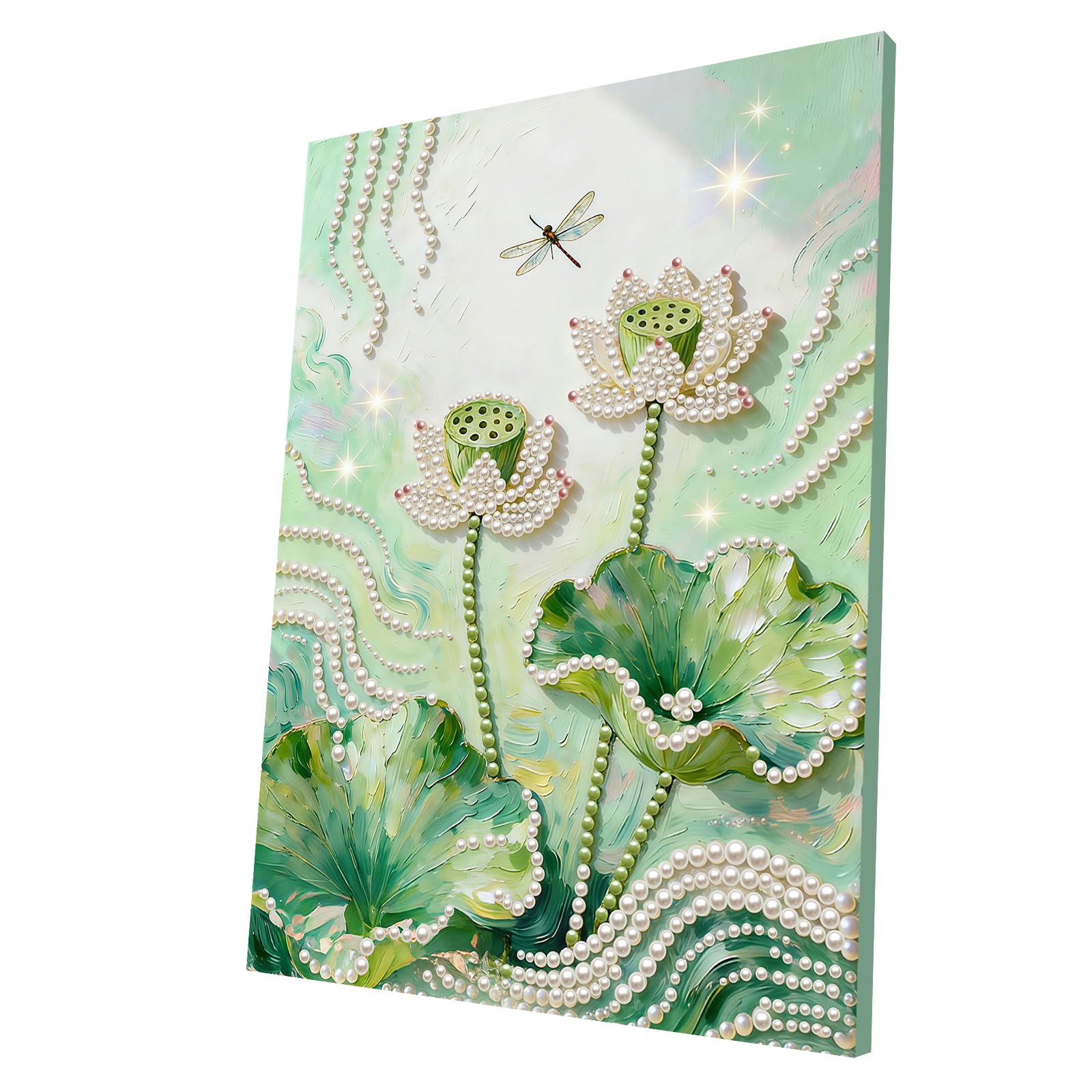 DIY Pearl Painting Kit with Wooden Frame, 3D Plastic Pearl Gemstone Ocean Art Craft for Adults Beginners, Diamond Dot Painting, Home Wall Decor Ready Gift for Women(Green Lotus)(30 * 40cm)