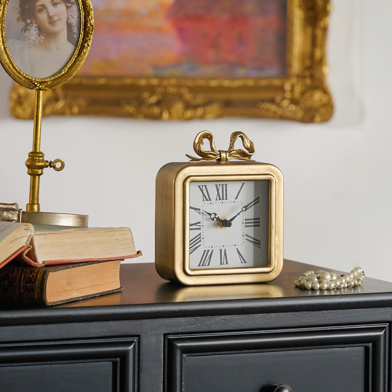 NIKKY HOME Gold Table Clocks, Table Clock Decor with Bow Metal Desk Clock Vintage Desk Clocks Silent Non-Ticking Battery Operated Decorative Shelf Clock for Living Room Bedroom
