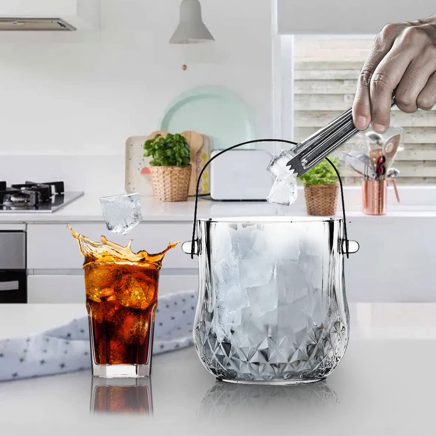 ABHOME Seau à glace en verre avec poignée en acier inoxydable et pince pour bar, fête, cocktail, barbecue dans le jardin, pique-nique, camping – Seau à vin/champagne en verre, transparent (type 1)