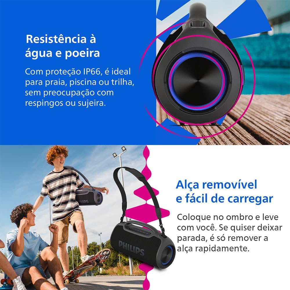 PHILIPS, Boombeat, Caixa de Som Bluetooth Boombox, TAX400B/00, USB, Auxiliar, TWS, USB Powerbank, Entrada para Microfone, Resistente a Água e Poeira, com Alça para Transporte PHILIPS, Boombeat, Caixa de Som Bluetooth Boombox, TAX400B/00, USB, Auxiliar, TWS, USB Powerbank, Entrada para Microfone, Resistente a Água e Poeira, com Alça para Transporte