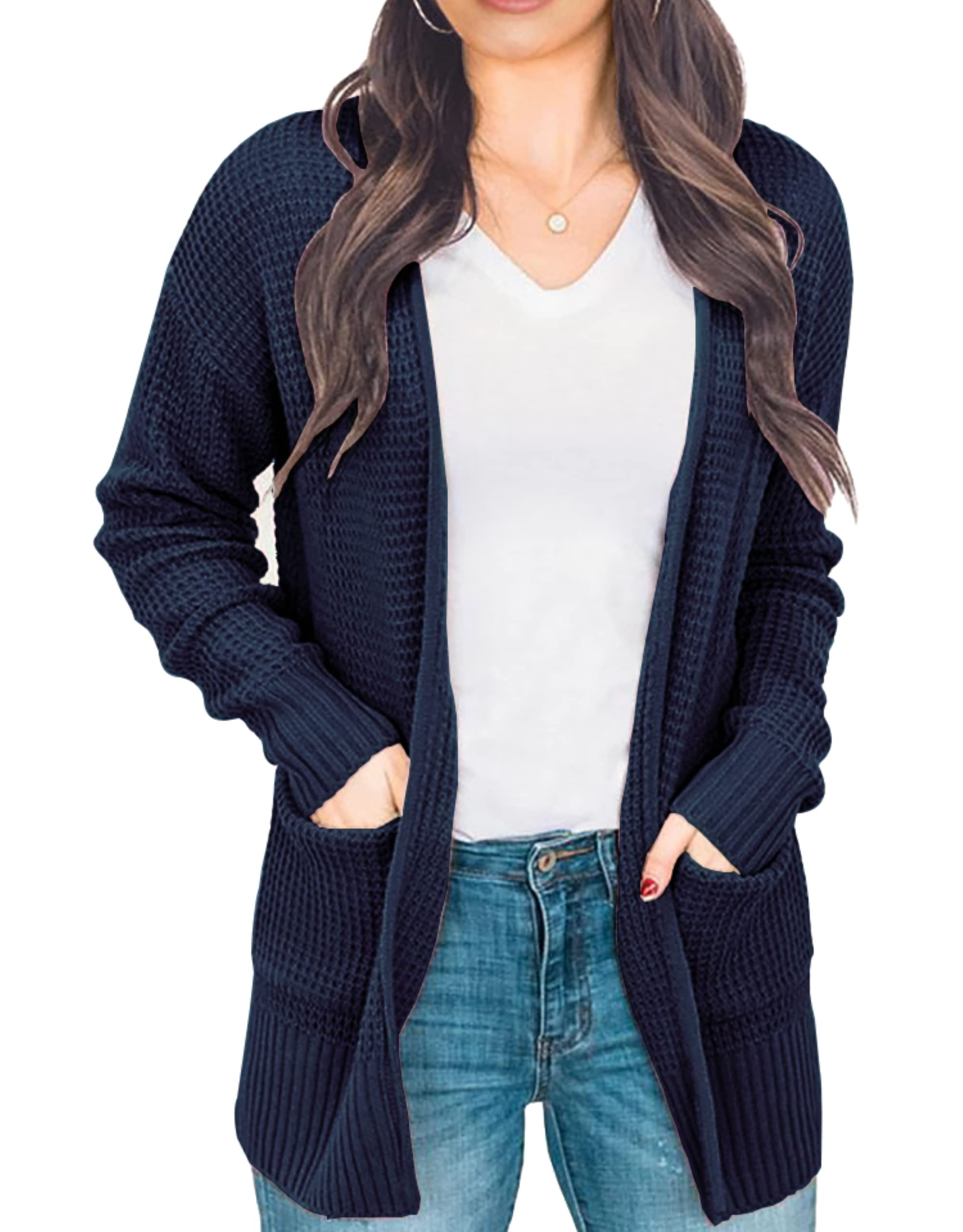 IWOLLENCE Womens Knit Cardigans Jumpers for Women Open Front Long Sleeve Soft Waffle Womens Cardigan Sweaters with Pockets