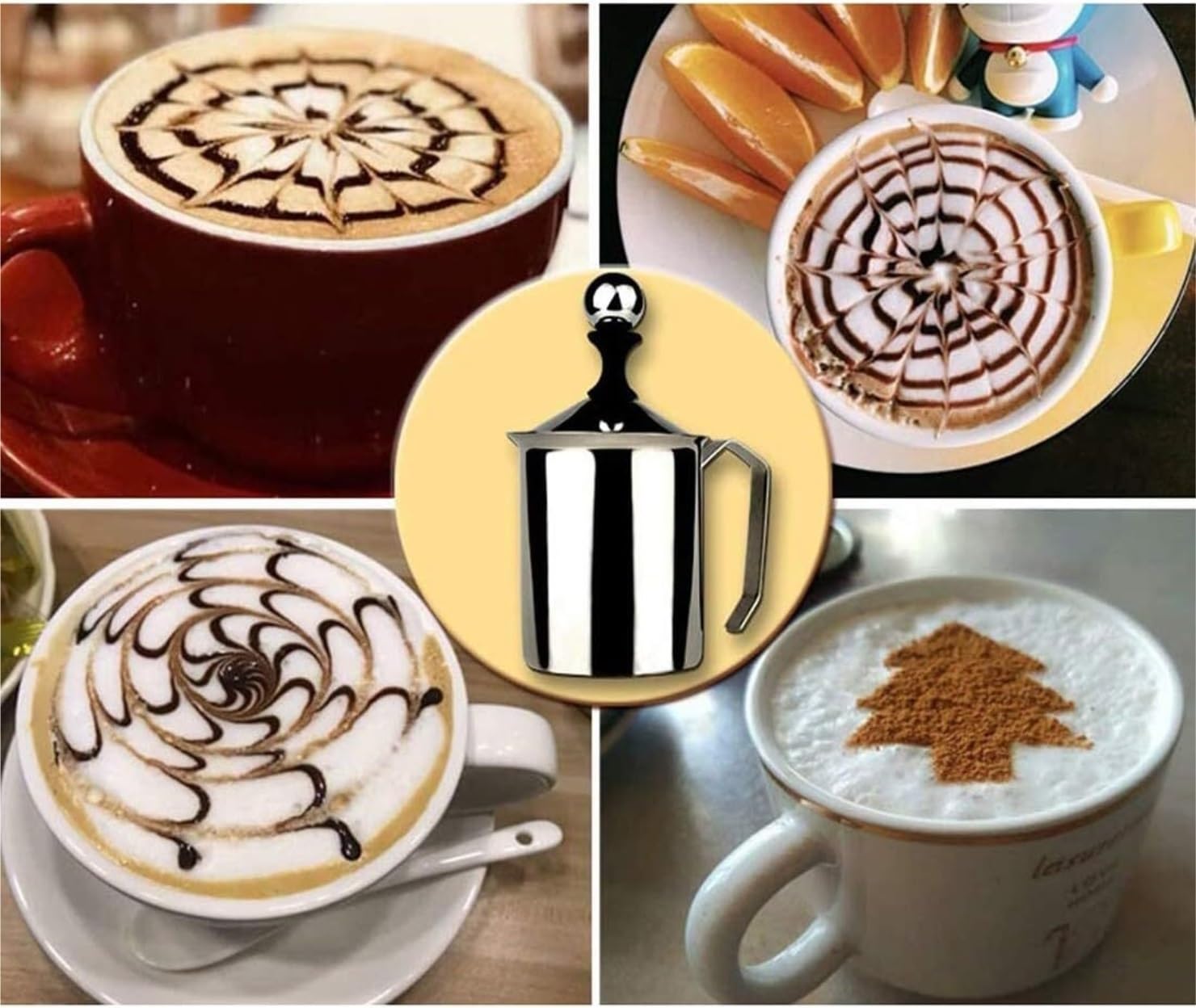 Espumador de Leche, Espumador De Leche con Bomba Manual De Acero Inoxidable, Taza para Hacer Espuma De Leche Manual para Café Bubbler Leche para Capuchino