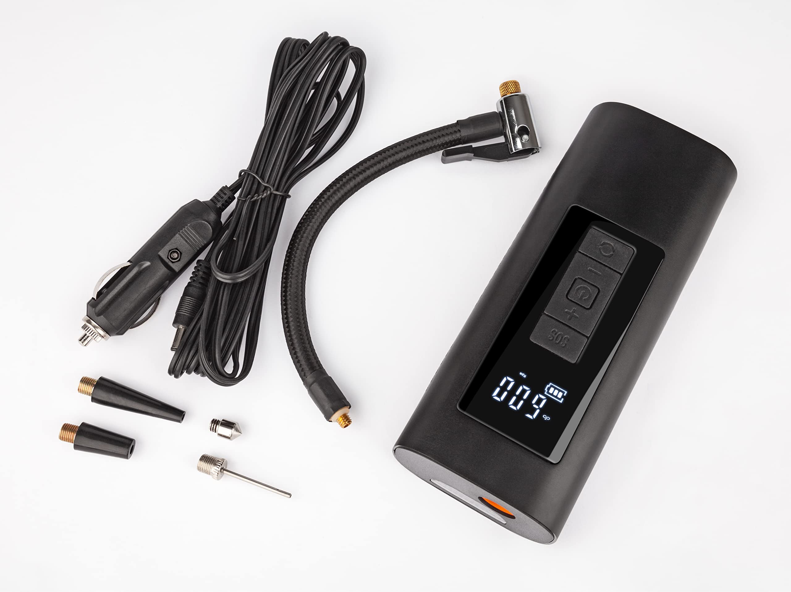 Telestar TROTTY PUMP Pro - elektrische Luftpumpe/Akku Kompressor Mini (Fahrrad/Motorrad/Auto/E-Scooter/Ball usw., max. 10 Bar - 150 PSI, 12 Volt, digitales Display, Taschenlampe & Powerbank)