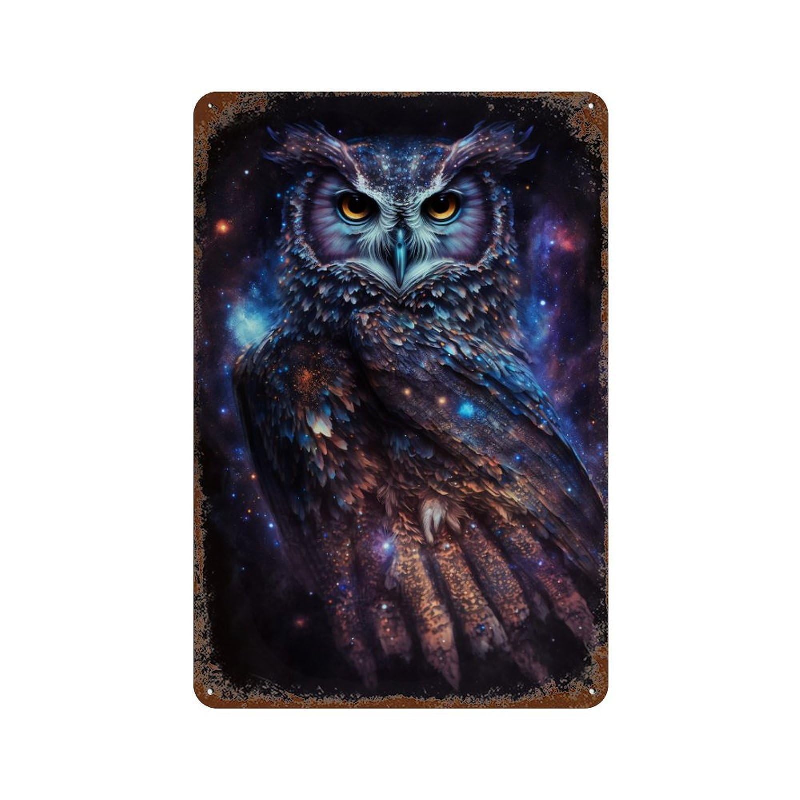 Garage Style Cosmic Owl Art Print-6 Vintage Rust Metal Sign 11.8"x7.9", Shabby Chic Decor for Bar And Workshop