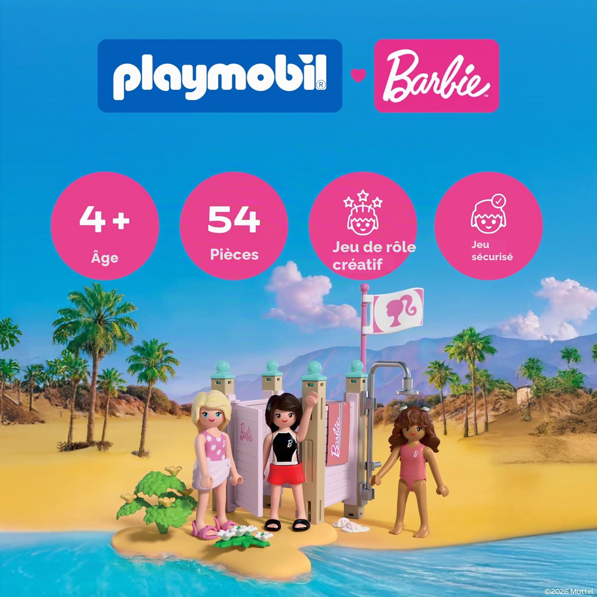 Playmobil Barbie Mode de Plage, Cabine de Change et Douche avec Barbie, Teresa et Renee, Favorise Le Jeu de rôle et la créativité, pour Enfants à partir de 4 Ans, 72124