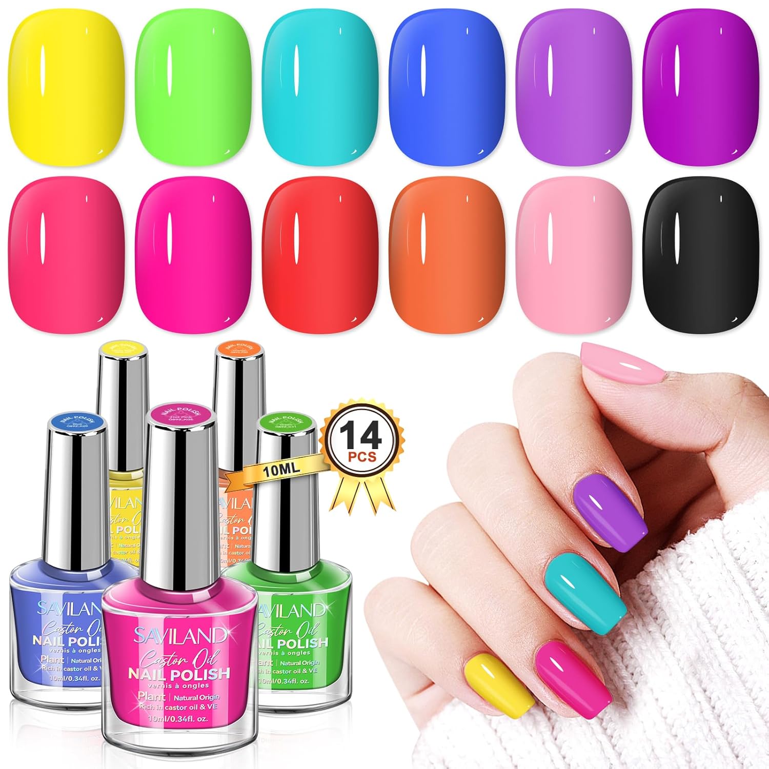 SAVILAND Quick-Dry Nail Polish Set - 12 Neon Green & Pastel Colors (0.34 oz) - Non-Gel Bright Summer Polish Kit with Base & Top Nail Coat - Bulk Nail Art Polish Essentials for Finger & Toe