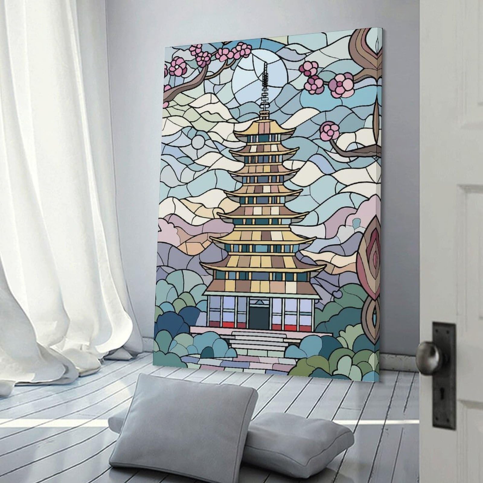Junmoney Canvas Wall Decor Stained Glass Pagoda And Cherry Blossoms, 24x36inch(60x90cm), for Bedroom Decor, Cosy Corners Or Studios, Decorative Wall Art for Cosy Rooms