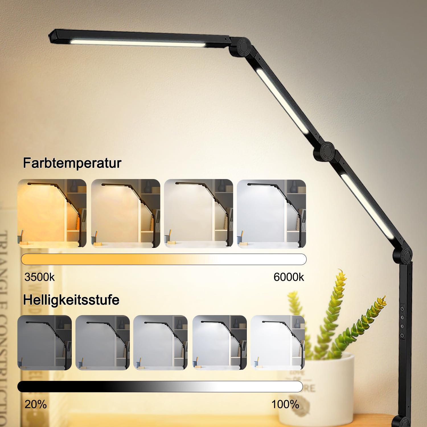 Led Schreibtischlampe klemmbar,Tischlampe 4 Sektionen Schwingarm Tageslichtlampe Schreibtisch,Touch Control Helligkeitsstufen 5 Helligkeit 4 Farbmodi, Speicherfunktion desk Lamp