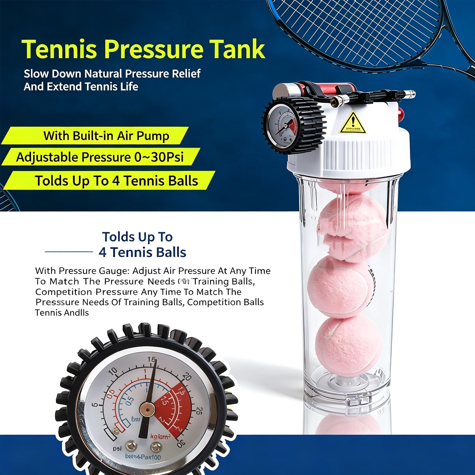 Pressurizzatore per Palline da Tennis, Salva-Palline da Tennis, Pressione Dellaria Regolabile da 0 A 30 Psi, capacità per 4/8/12 Palline, con Manometro E Pompa Manuale, Chiave 8‑Ball
