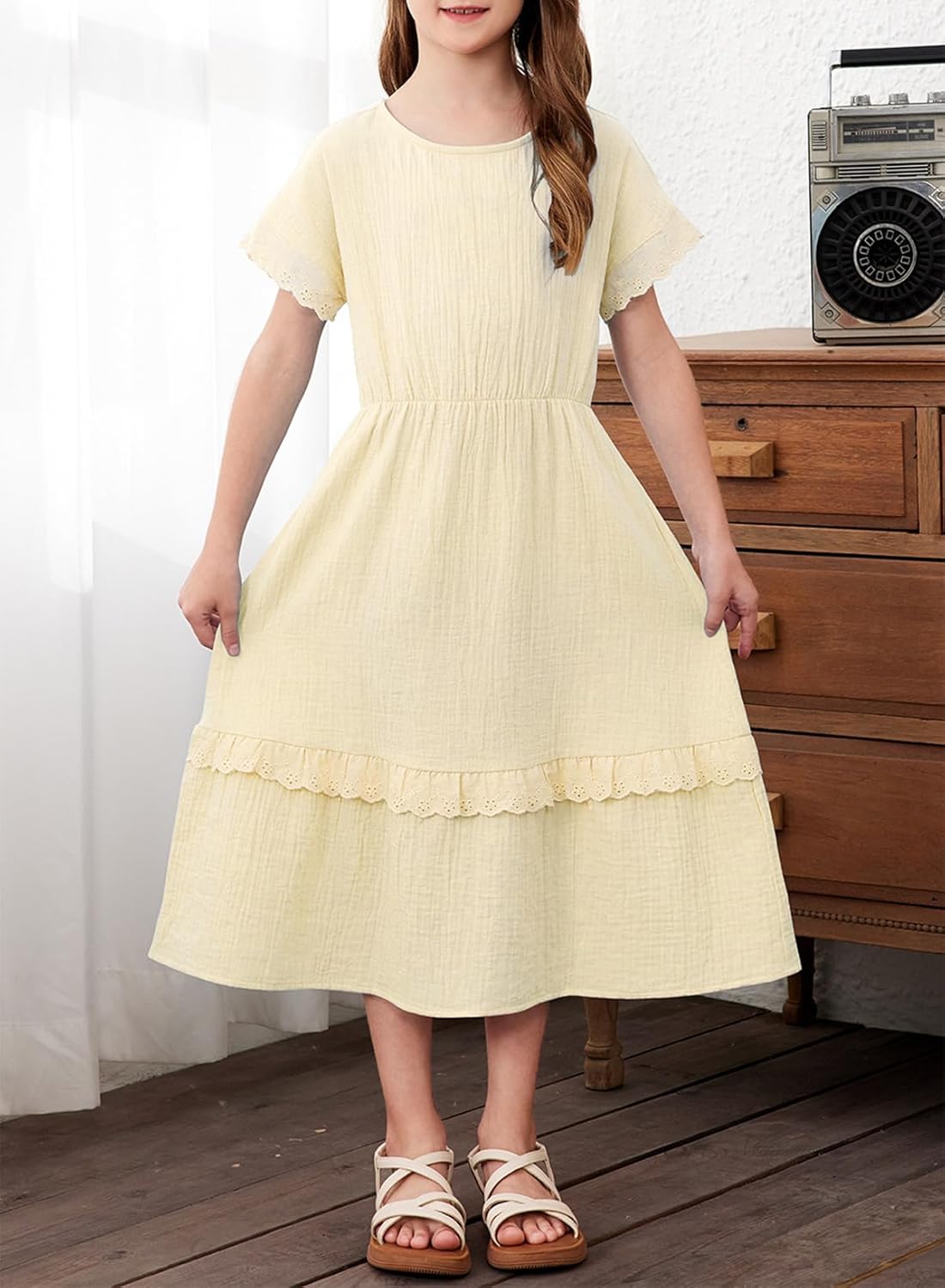 blibean Girls Cotton Short Sleeve Dresses Lace Semi Formal Dress Size 6-15 Years - Image 3