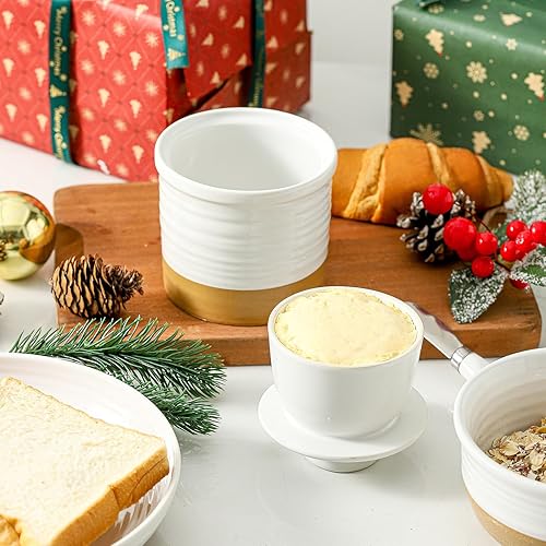 Miniatura 9 de Hasense Mantequera de cerámica con tapa de bambú, recipiente grande para mantequilla y cuchillo, elegante soporte para mantequilla para encimera de