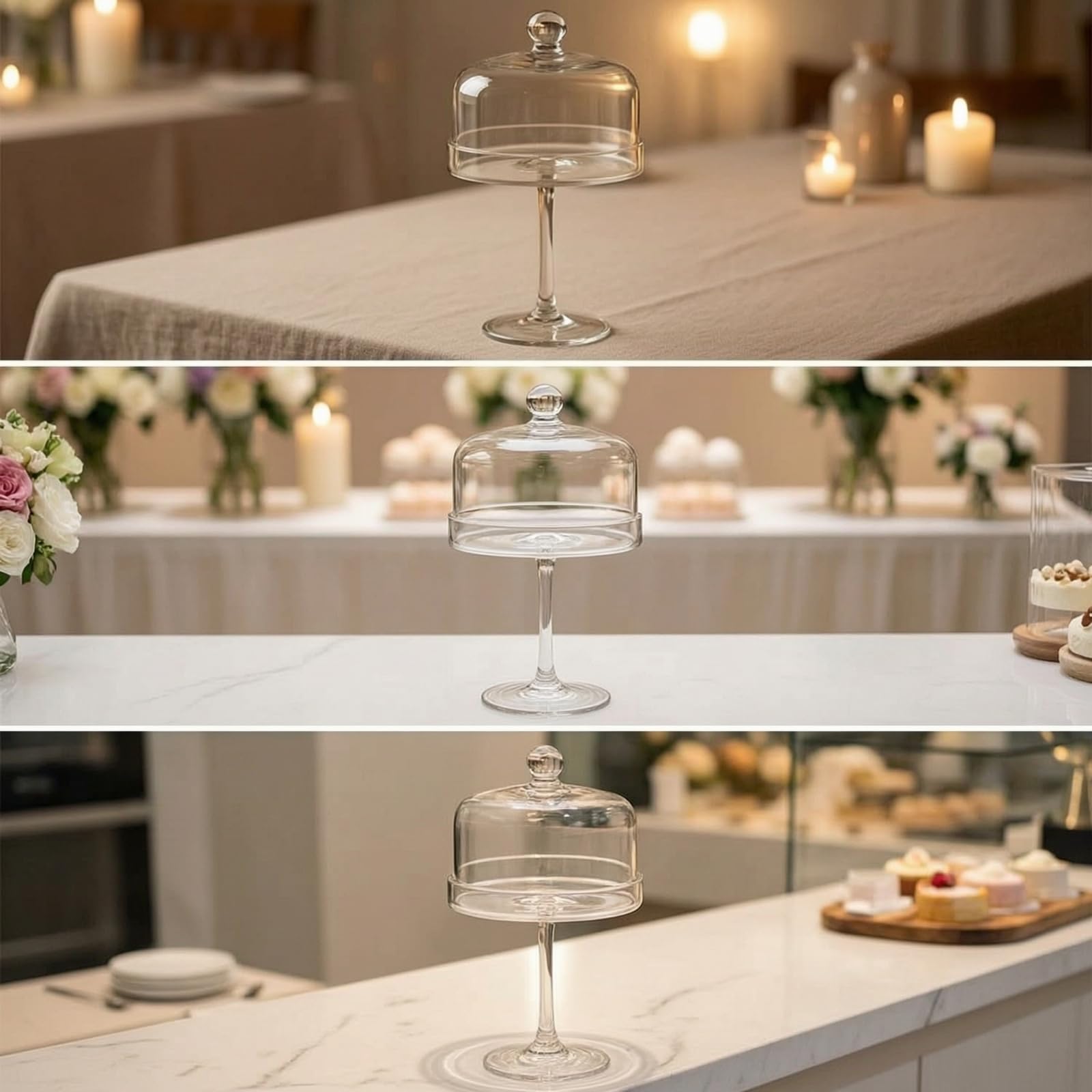 Plat à Gâteau avec Cloche en Verre Présentoir à Gâteaux avec Couvercle Anti-Poussière Cloche à ssert sur Pied pour Mariage, Transparent, Moyen