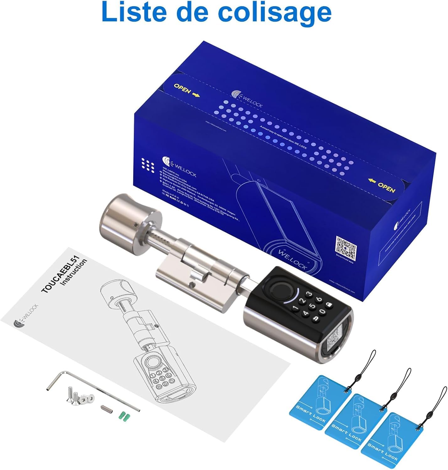 WELCOK ToucA51 Cerradura Inteligente con control remoto por wifi, huella dactilar, Huella Digital, 3 Tarjetas RFID, Cilindro Electrónico Fácil de Instalar y Ajustable para Puertas (30-70mm) | Cerradura biométrica IP65 con 3 tarjetas RFID, puertas 30-75 mm