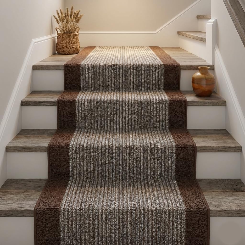 4 ft Kitchen Rug Runner Non Slip, Washable Brown Striped Laundry Room Mat, Rubber Backed Medium Profile Carpet for Sink Area (26 Inch x 4 ft)