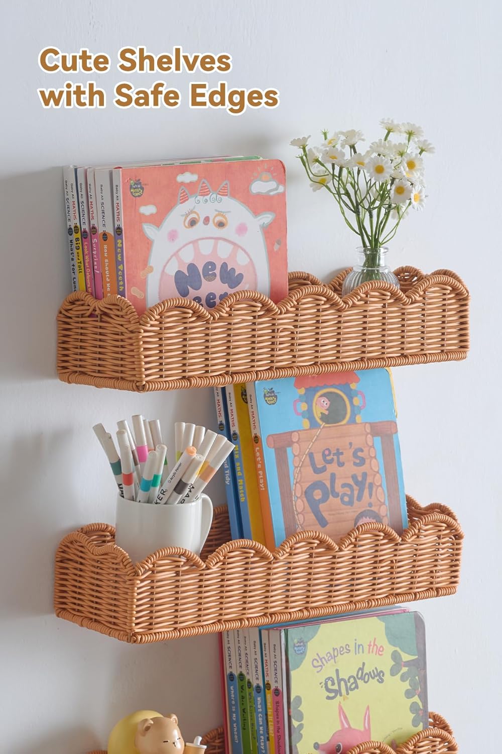 Nursery Book Shelves Set of 4, Metal & Plastic Artificial Rattan Scalloped Book Shelf 15.8", Cute Floating Bookshelf for Kids Bedroom Farmhouse Decor