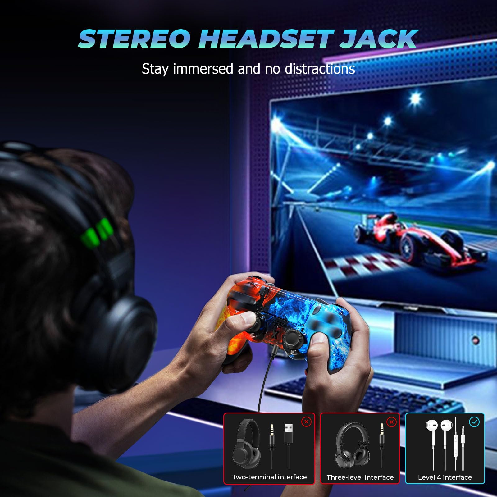Suoxiom Wireless Controller for PS-4, Game Controller for PS-4/Pro/Slim/PC, Bluetooth Gamepad Joystick with Dual Vibration Touch Panel,Upgraded Six-Axis Sensor, 3.5mm Audio Jack (FIRE/ICE) — view 6