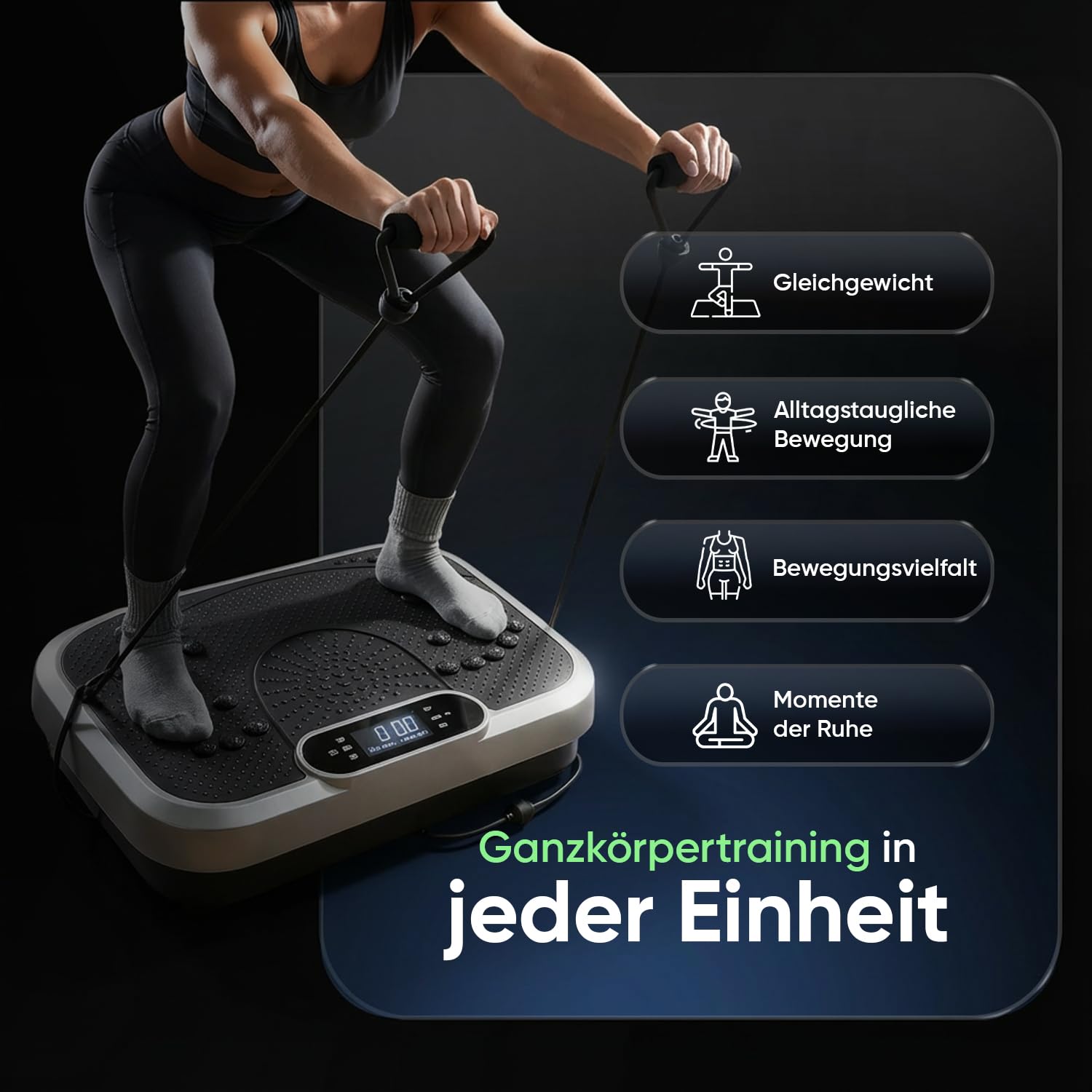 Vibrationsplatte - Fitnessgeräte für Zuhause - 99 Intensitätsstufen - 5 Trainingsprogramme - Massagegerät & Sportgerät mit Bluetooth für Home Workout - Mit Widerstandsbändern - WeightWorld
