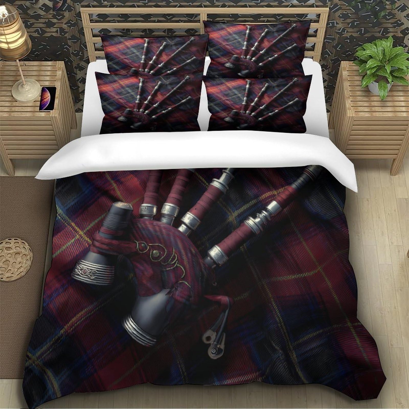 cornemuses écossaises Impression 3D 3 pièces Housse de lit Instrument Celtique Traditionnel Housse de Couette Microfibre Doux Respirant pour garçons Adolescents Femmes Double（200x200cm）