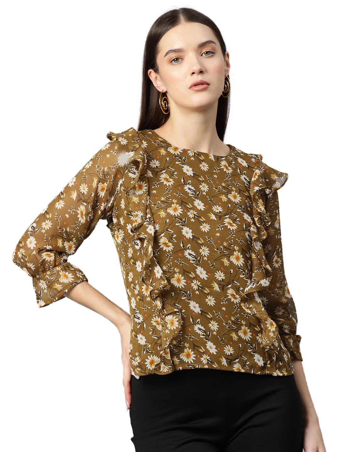 ives Women's Mustard Printed Georgette Regular Fit Top Stylish Latest 3/4 Sleeve Top for Women Trendy for Casual, Formal & Festive Occasion Top-picture-52