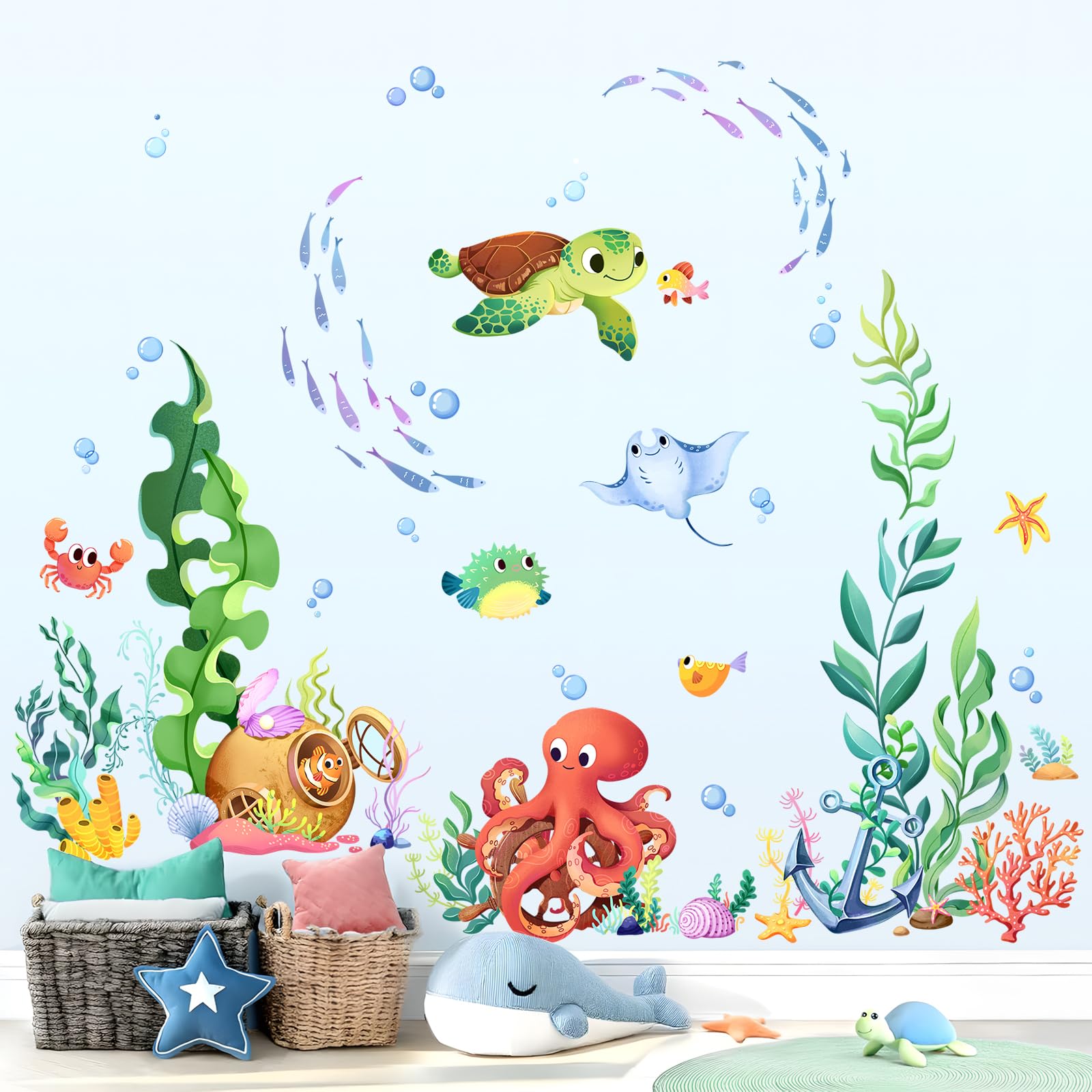 Supzone Adesivi Murali Bambini con Animali Marini Adesivi da Parete con Tartarughe Marine e Alghe Carta da Parati Bambini Camerette Bagno