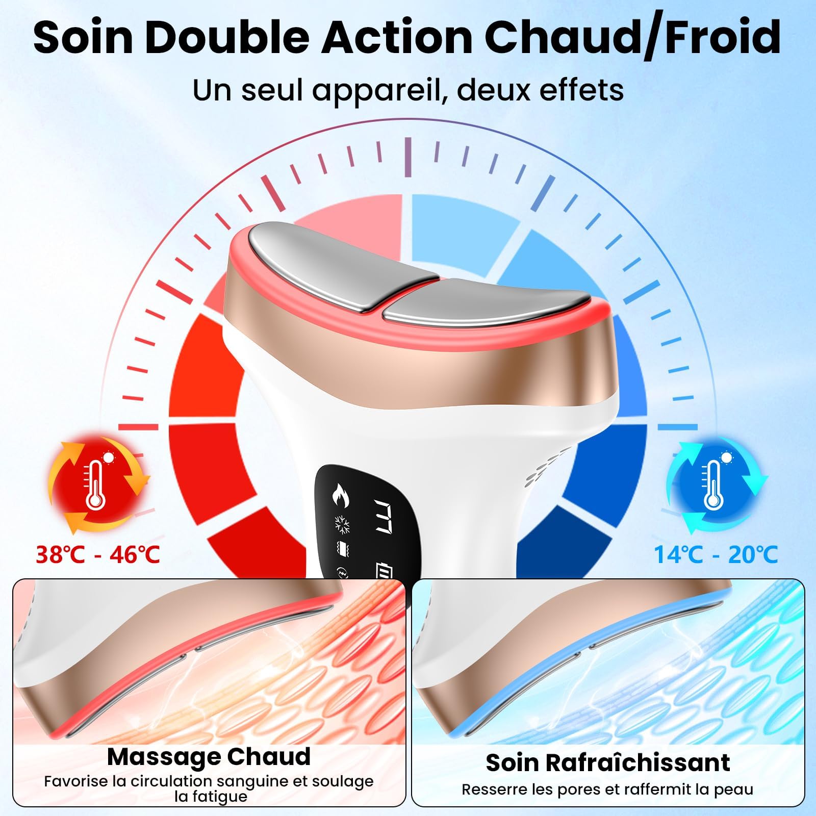 Massage Visage Appareil Anti Rides: Masseur Double Menton Lifting à 15°C Froid et 45°C Chaleur - Appareil de Beauté Electrique à 7 Modes LED 7 Couleurs - EMS Appareil Cou de Gua Sha Visage, Blanc