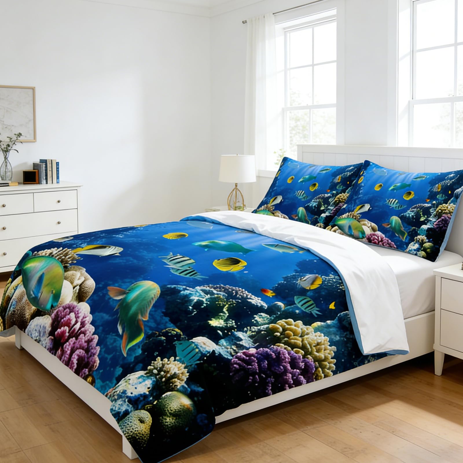 Juego de Ropa de Cama de Animales Marinos 3D, delfín, pez Tropical, Coral, Funda nórdica Vida Marina, Funda nórdica Mundo Submarino Azul para niños(C, 220 x 240 cm)