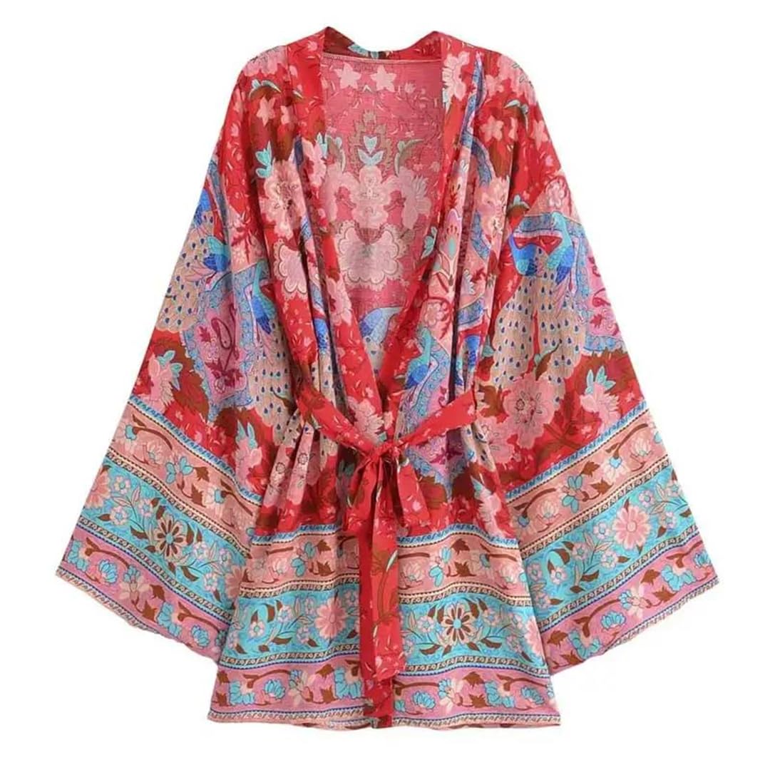 Copricostume da donna con stampa floreale rossa con cintura kimono abito tunica da spiaggia lungo kimono copertura da spiaggia