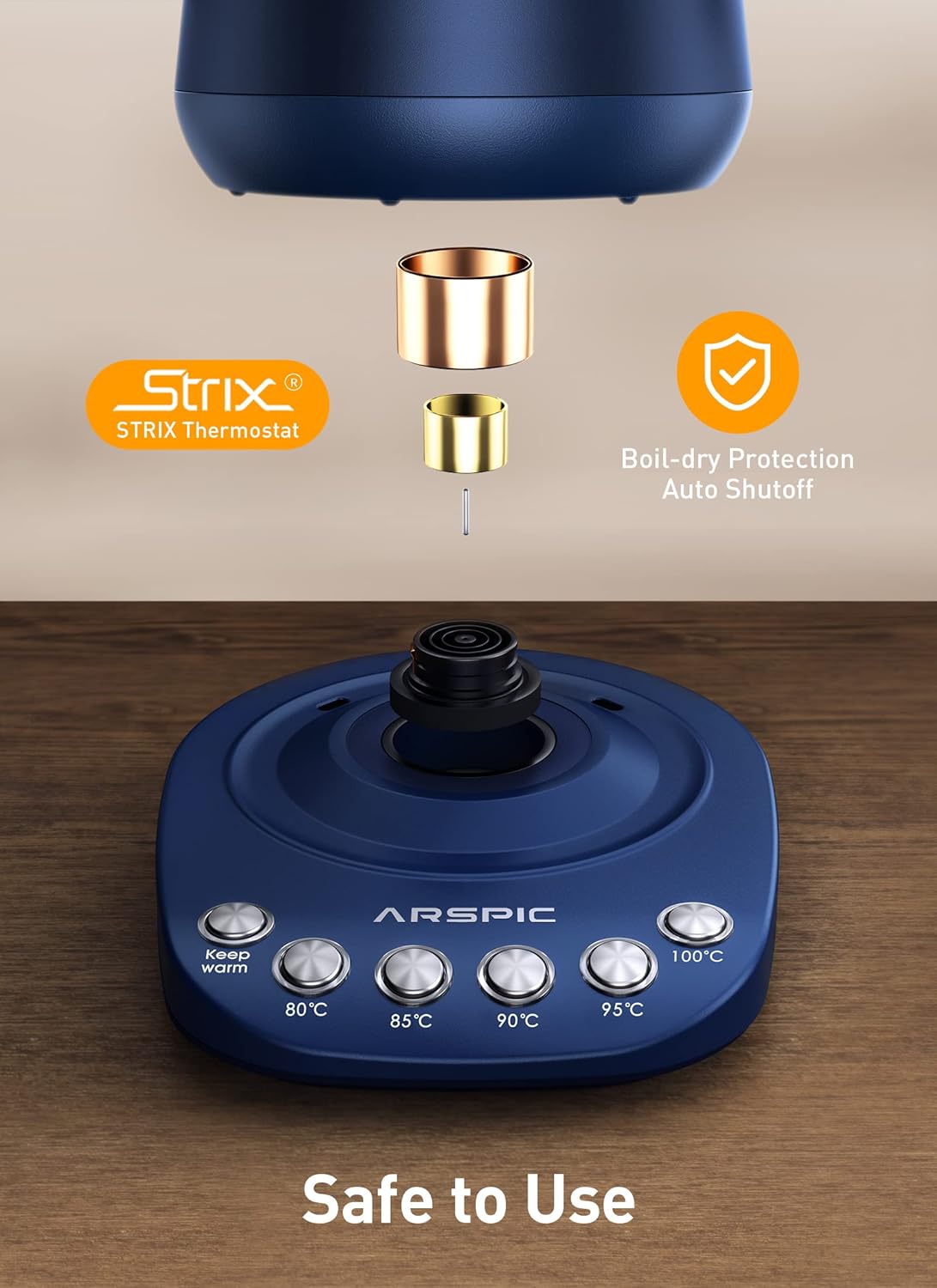 Kettle base showing Strix thermostat logo and boil-dry protection auto shutoff icons
